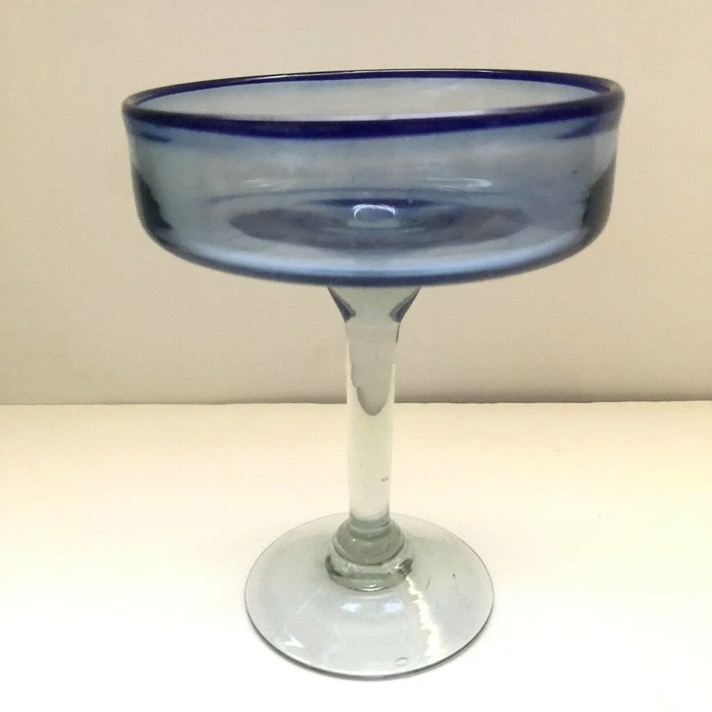 Mexican Hand Blown Art Glass Dessert Margarita Cobalt Blue Edge Rim Design